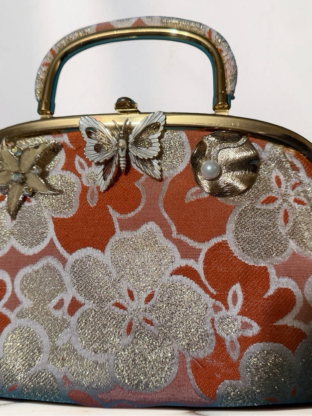Banana Republic Vintage Floral Metallic Brocade Clutch Bag with vintage brooches - Picture 2 of 10